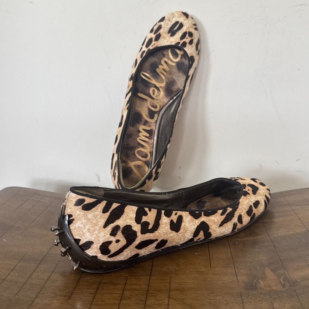 Leopard Ballet Flats Womens 8.5 Sam Edelman Studded Heel Slip On